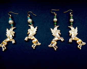 Pegasus Earrings with Spanish Pearls and Beaded Accents / Gold Tone/ Fine Brass/ Drop 3 "