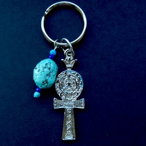Ankh w. Hieroglyphs / Key Ring / Turquoise Matrix Stone and Beads / Silver Tone /32 mm Split Ring