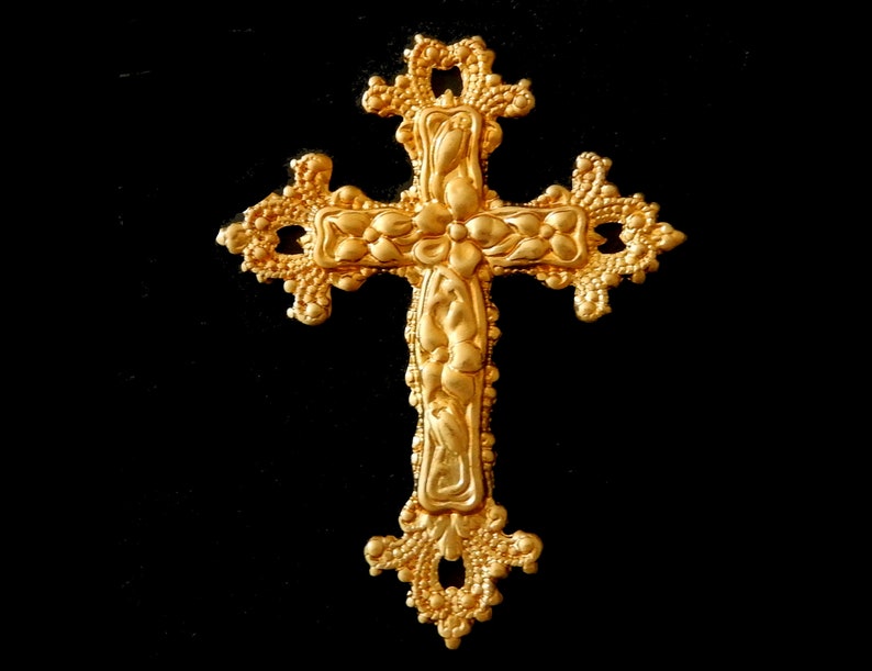 Vintage Raw Brass Stamping / Flower Cross with Ornate Details / 2.25 x 1.75 image 4