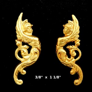 Vintage Raw Brass Designs / Ornate Angels with Helmets/ Mirror Image Pairs