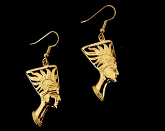 Nefertiti Earrings / Ancient Egyptian Queen Known for Her Beauty and Grace /18K. Gold Tone / Fine Brass