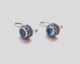 Blue Topaz and 925 Silver Earrings / Natural Stones/ Detailed Design/ 8 MM Stones/ Drop of 7/8&quot;