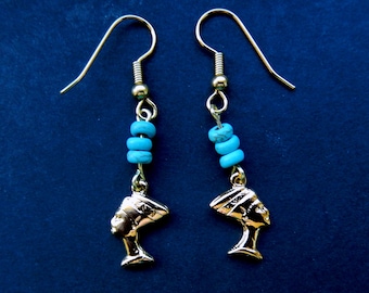 Nefertiti Earrings / Ancient Egyptian Queen/ Turquoise Accents/ Gold Tone Charms 1.75"