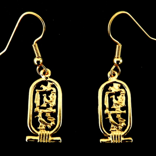 Cleopatra Cartouche Earrings / Royal Nameplate with Lion / 18K. Gold Tone / Fine Brass / Smaller Size