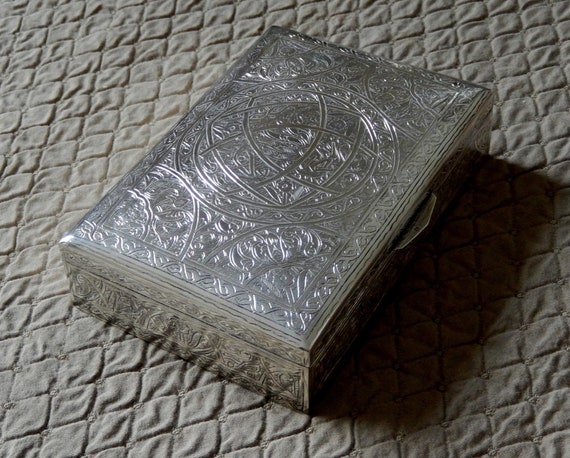 Egyptian Silver Deco Box / Hinged Lid / Wooden Lin