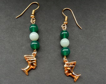 Nefertiti Earrings with Natural Aventurine Beads /Shades of Green / 18K. Gold Tone / 2.25" length