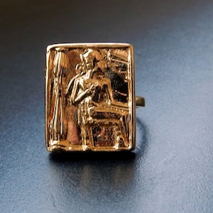 Egyptian Ring / Sitting Pharaoh Relief /  Gold Tone or Silver Tone / Sizes 7-9