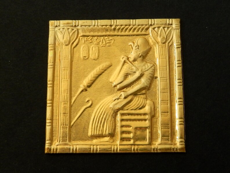 Brass Stamping / Ancient Egyptian Pharaoh Sitting/ Square with or without loops/ One Pair / Unfinished Raw Brass image 2