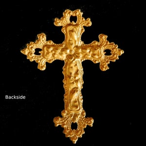 Vintage Raw Brass Stamping / Flower Cross with Ornate Details / 2.25 x 1.75 image 2