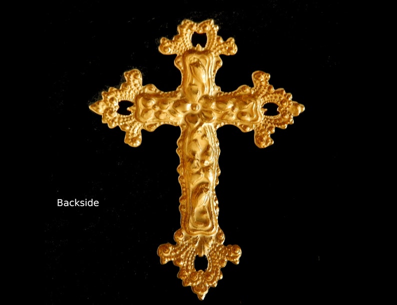 Vintage Raw Brass Stamping / Flower Cross with Ornate Details / 2.25 x 1.75 image 2