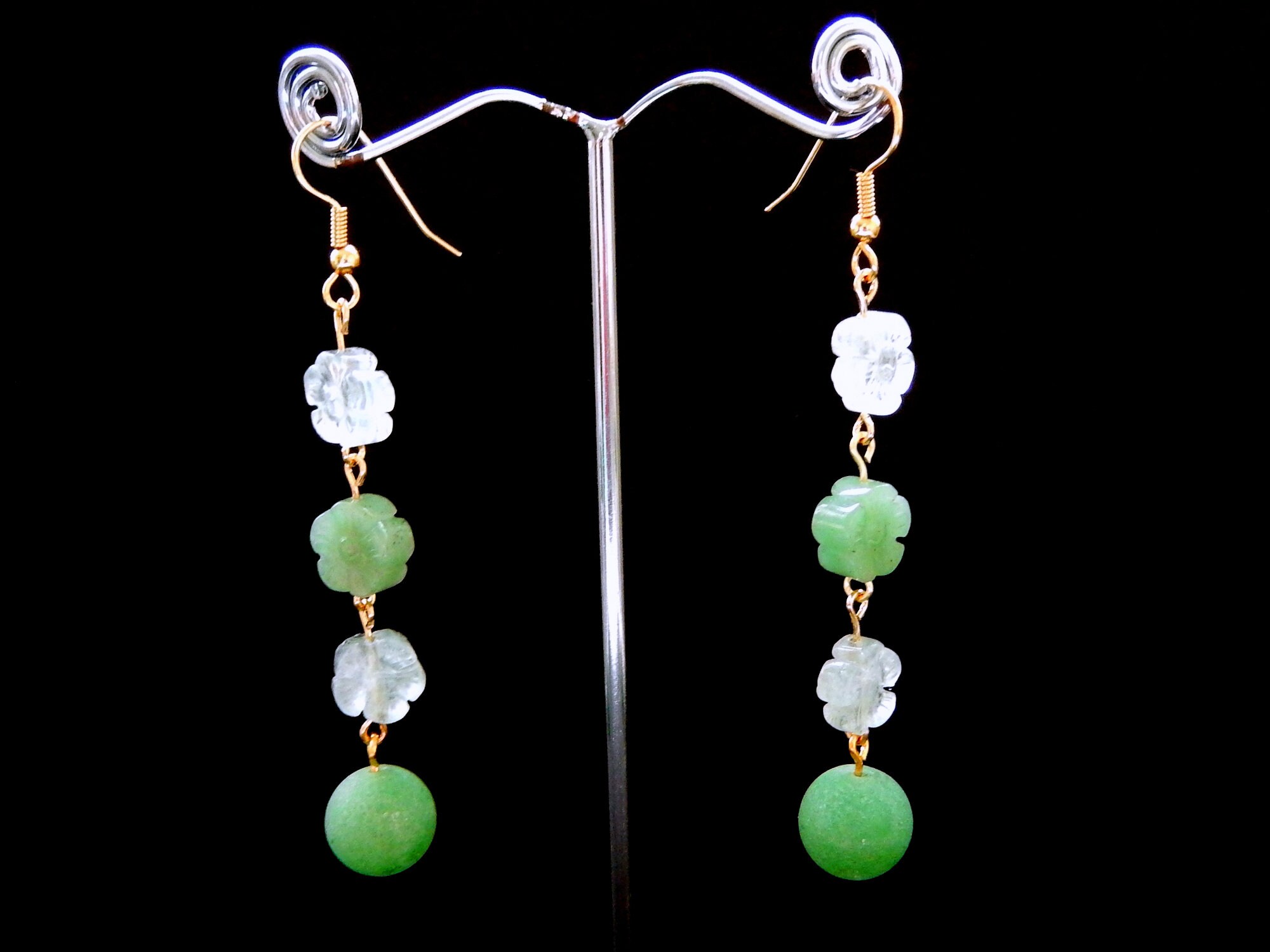 Green Aventurine Earrings/Natural Carved Flowers / Mixed Shades of Green / 3.25" Length