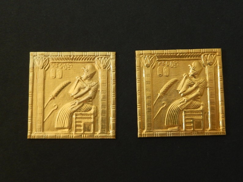 Brass Stamping / Ancient Egyptian Pharaoh Sitting/ Square with or without loops/ One Pair / Unfinished Raw Brass image 4