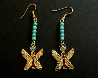 Isis with Double Wings / 18K. Gold Tone / Blue Austrian Crystal / Turquoise Accents