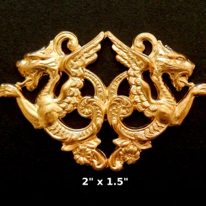 Raw Brass Stamping/ Double Dragons / Ornate Design/ 2&quot; x 1.5&quot;