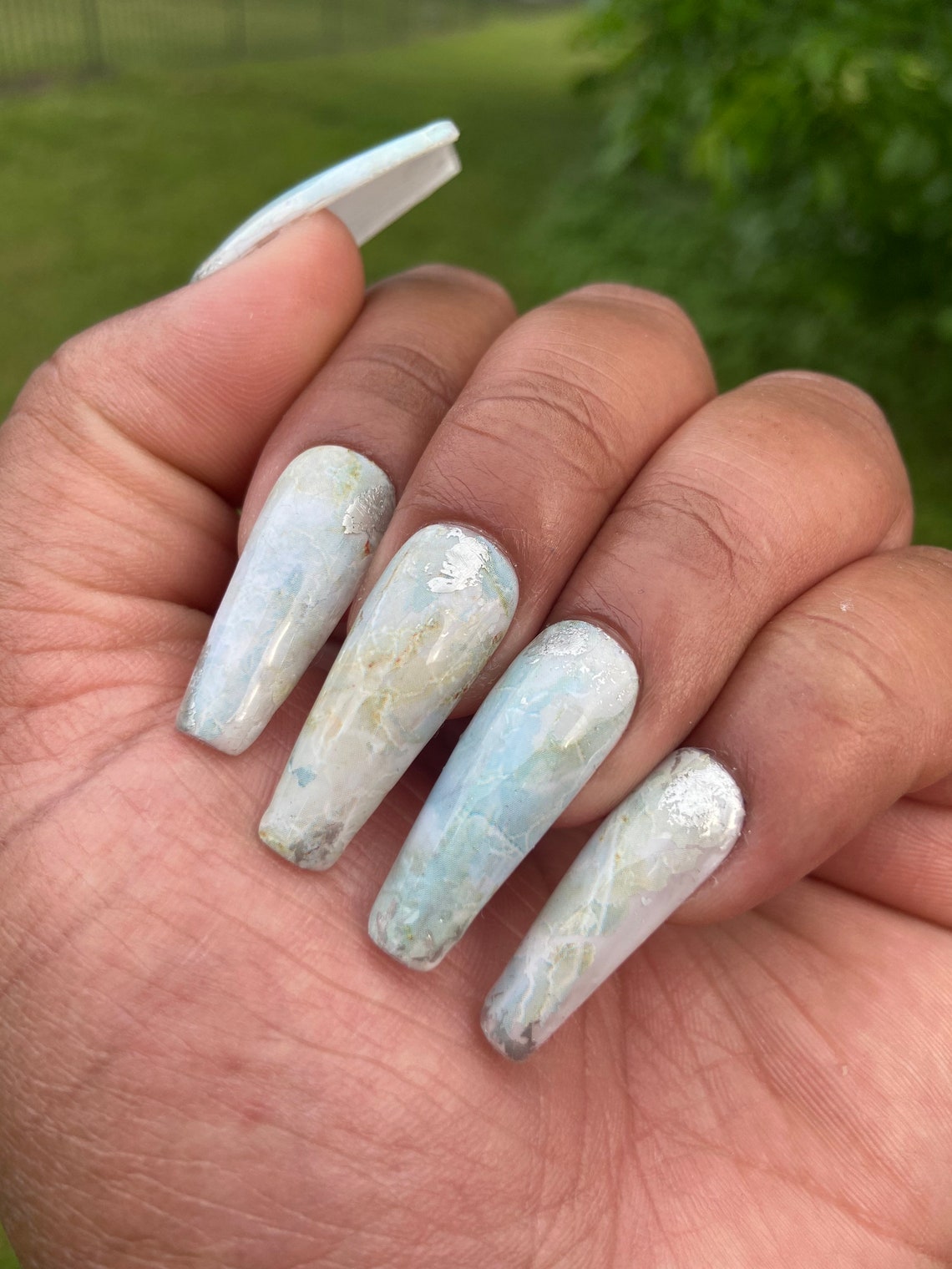 Light blue marble nails sky nails marble nails press on | Etsy
