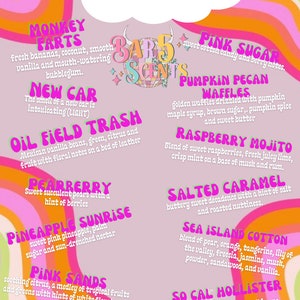 Op de afbeelding: Een roze en oranje grafiek met de tekst "Scents" in een blauw lettertype. De grafiek somt verschillende geuren op met beschrijvingen, zoals "Monkey Farts", "New Car", "Oil Field Trash", "Pearberry", "Pineapple Sunrise", "Pink Sands", "Pink Sangria", "Pink Sugar", "Pumpkin Pecan Waffles", "Raspberry Mojito", "Salted Caramel", "Sea Island Cotton", "So Cal Hollister" en "Strawberries & Champagne".
