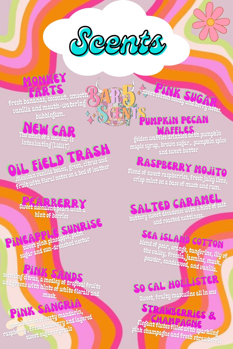 Op de afbeelding: Een roze en oranje grafiek met de tekst "Scents" in een blauw lettertype. De grafiek somt verschillende geuren op met beschrijvingen, zoals "Monkey Farts", "New Car", "Oil Field Trash", "Pearberry", "Pineapple Sunrise", "Pink Sands", "Pink Sangria", "Pink Sugar", "Pumpkin Pecan Waffles", "Raspberry Mojito", "Salted Caramel", "Sea Island Cotton", "So Cal Hollister" en "Strawberries & Champagne".