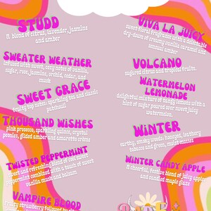 Op de afbeelding: Een roze en oranje grafiek met de tekst "Scents" in een blauw en wit lettertype. De grafiek somt tien verschillende geuren op met beschrijvingen van elke geur. De geuren zijn: Studd, Sweater Weather, Sweet Grace, Thousand Wishes, Twisted Peppermint, Vampire Blood, Very Vanilla, Viva La Juicy, Volcano, Watermelon Lemonade, Winter en Winter Candy Apple. De grafiek bevat ook de tekst "Bar 5 Scents" in een roze, oranje en geel lettertype.