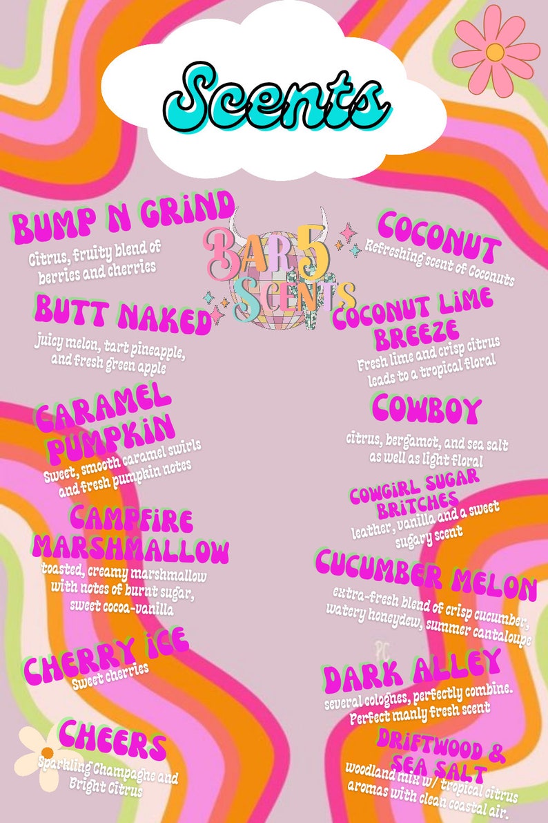 Op de afbeelding: Een roze en witte grafische afbeelding met de tekst "Scents" in een blauw en wit lettertype. De afbeelding bevat een lijst met verschillende geuren met beschrijvingen, waaronder "Bump N Grind", "Butt Naked", "Caramel Pumpkin", "Campfire Marshmallow", "Cherry Ice", "Cheers", "Coconut", "Coconut Lime Breeze", "Cowboy", "Cowgirl Sugar Britches", "Cucumber Melon", "Dark Alley", "Driftwood & Sea Salt".