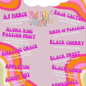 Op de afbeelding: Een roze en groene grafiek met het woord "Scents" in een groot, blauw lettertype. De grafiek somt verschillende geuren op met beschrijvingen, waaronder "Aloha Kiwi Passion Fruit", "Amazing Grace", "Appletini", "Agent 002", "Aqua Di Gio", "Baja Cactus", "Birds of Paradise", "Black Cherry", "Black Frost", "Black Linen", "Bombshell" en "Bowties & Bourbon".