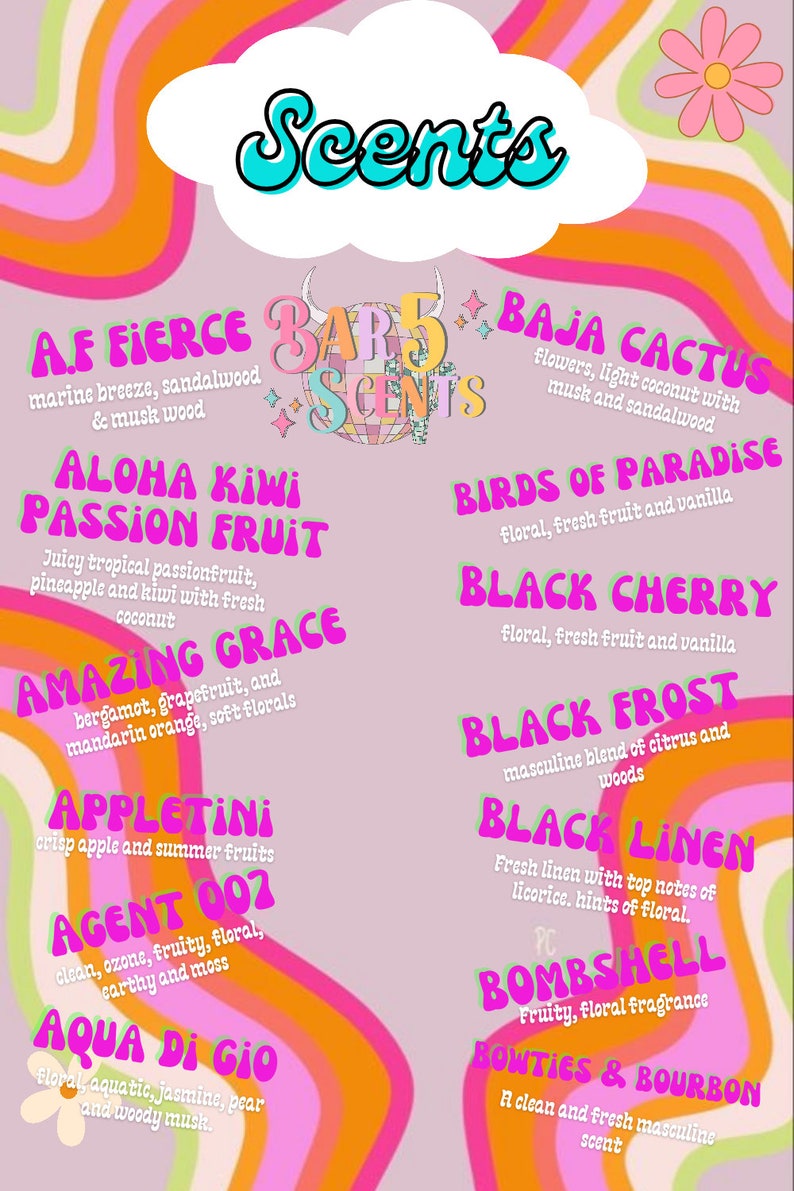 Op de afbeelding: Een roze en groene grafiek met het woord "Scents" in een groot, blauw lettertype. De grafiek somt verschillende geuren op met beschrijvingen, waaronder "Aloha Kiwi Passion Fruit", "Amazing Grace", "Appletini", "Agent 002", "Aqua Di Gio", "Baja Cactus", "Birds of Paradise", "Black Cherry", "Black Frost", "Black Linen", "Bombshell" en "Bowties & Bourbon".