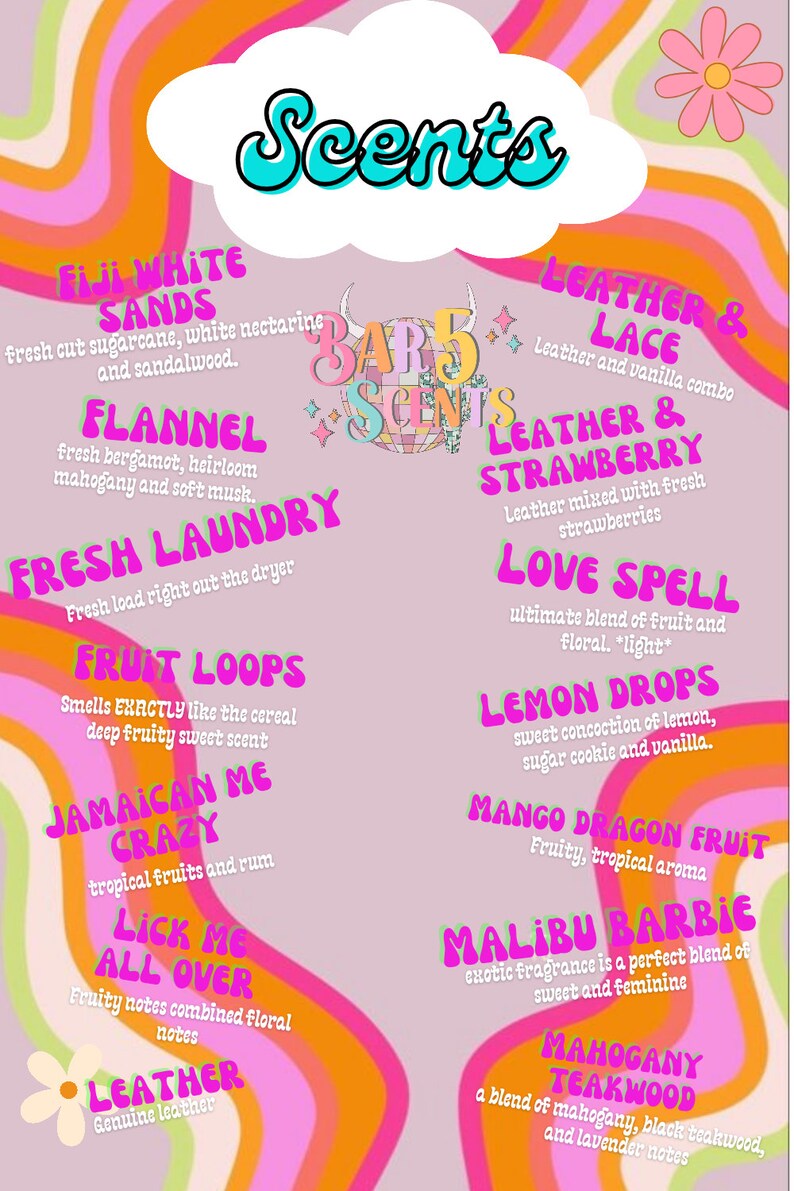 Op de afbeelding: Een roze en oranje grafiek met het woord "Scents" in blauw en wit. De grafiek somt verschillende geuren op met beschrijvingen, zoals "Fiji White Sands", "Flannel", "Fresh Laundry", "Fruit Loops", "Jamaican Me Crazy", "Lick Me All Over", "Leather", "Leather & Lace", "Leather & Strawberry", "Love Spell", "Lemon Drops", "Mango Dragon Fruit", "Malibu Barbie" en "Mahogany Teakwood".