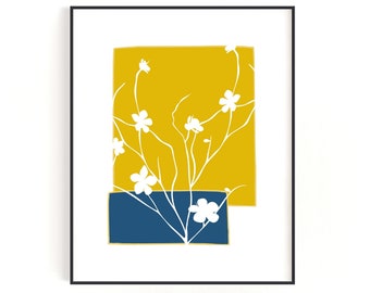 Abstract Floral Wall Print, Mustard and Blue Wall Print, Flower Wall Print, Floral Wall Art, Living Room Art, Bedroom Prints, Digital Print