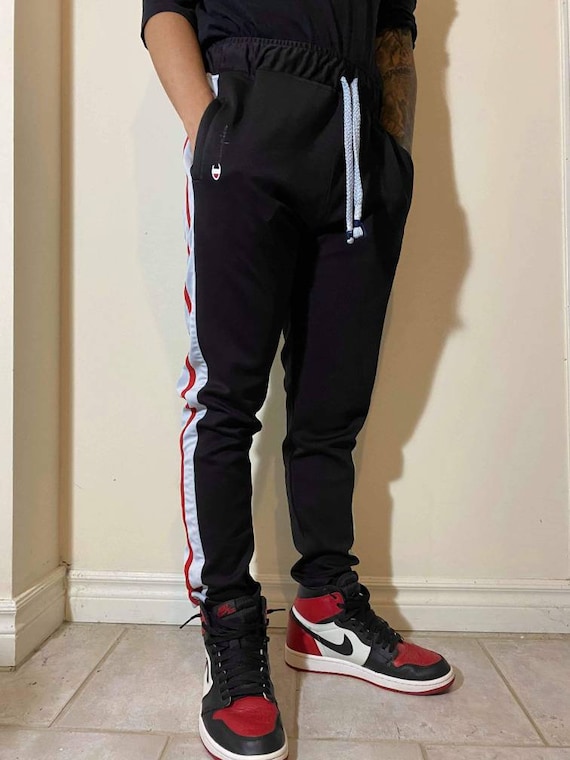 Black Champion Trackpants With Red/White Stripes