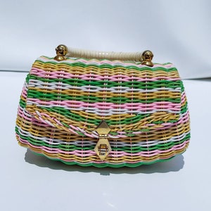 Vintage Crown Lewis Clutch / Pastel Vintage Designer wicker bag /  Boho Evening Bag / 1960s Coated Wicker Bag/ Vintage Clutch / Unique purse