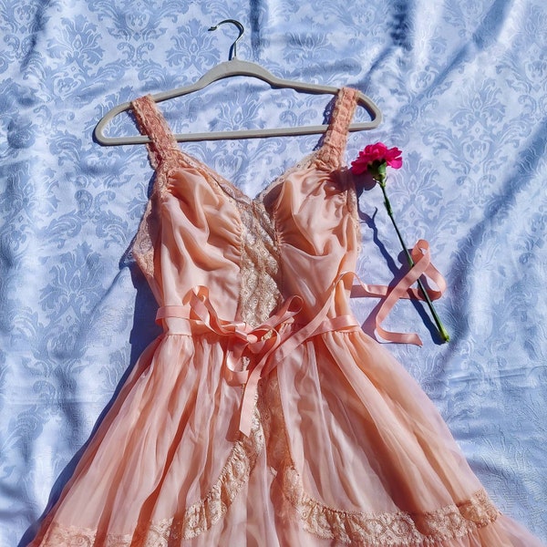 Peach Lace Nightgown / Double Layered Sheer Lace Bridal Negligee. Cottagecore lace peach dress