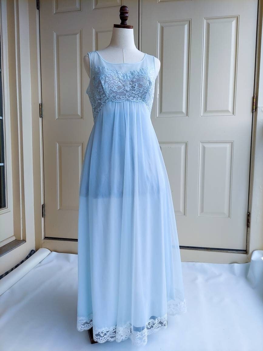 Vintage Double Lace Nightgown Full Sweep Honeymoon Lace Nightgown Baby Blue Peignoir with Pearl s 1960s Shadowline Flowy Nightdress