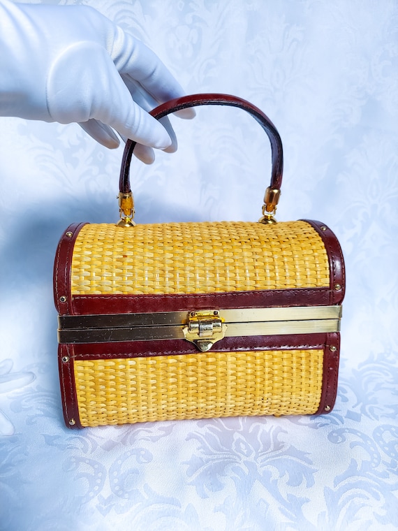 Vintage Leather Wicker Bag / Unique Vintage Handb… - image 1