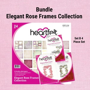 May include: A bundle of scrapbooking supplies, the "Elegant Rose Frames Collection," features a pink and white design. The set includes 24 double-sided papers, each 12" x 12", and die-cut systems. The package is labeled "Heartfelt Creations."