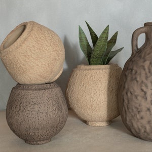Può includere: Tre vasi in terracotta, uno con una pianta grassa verde, tutti con una superficie testurizzata.