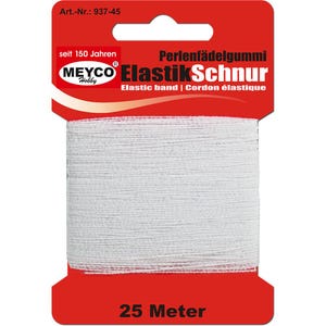 Può includere: Una bobina di cordoncino elastico bianco, con confezione rossa con la scritta "Elastik Schnur" e "Elastic band". Il marchio è "MEYCO Hobby". La bobina contiene 25 metri di cordoncino.