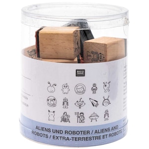 Set de tampons Paper Poetry « Aliens & Robots » 2 x 2 cm, 15 pièces