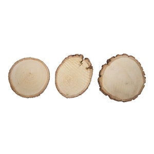 May include: Three round wooden slices, each with a natural wood grain pattern and a rough, bark-like edge. The slices are arranged in a row, with the largest slice on the right and the smallest slice on the left.