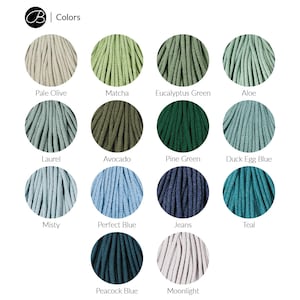 May include: A collection of 15 cotton rope colors, including pale olive, matcha, eucalyptus green, aloe, laurel, avocado, pine green, duck egg blue, misty, perfect blue, jeans, teal, peacock blue, and moonlight.