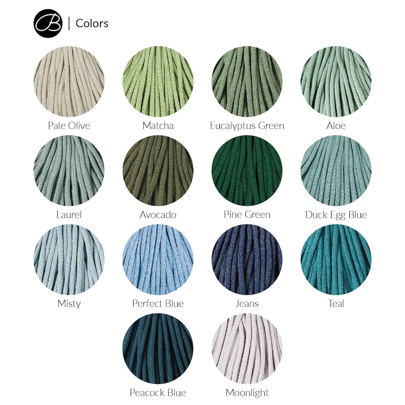 May include: A collection of 15 cotton rope colors, including pale olive, matcha, eucalyptus green, aloe, laurel, avocado, pine green, duck egg blue, misty, perfect blue, jeans, teal, peacock blue, and moonlight.