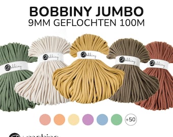 May include: Five spools of 9mm braided cotton rope in various colors, including green, beige, yellow, brown, and red. The spools are labeled "Bobbiny Jumbo 9mm Geflochten 100m".