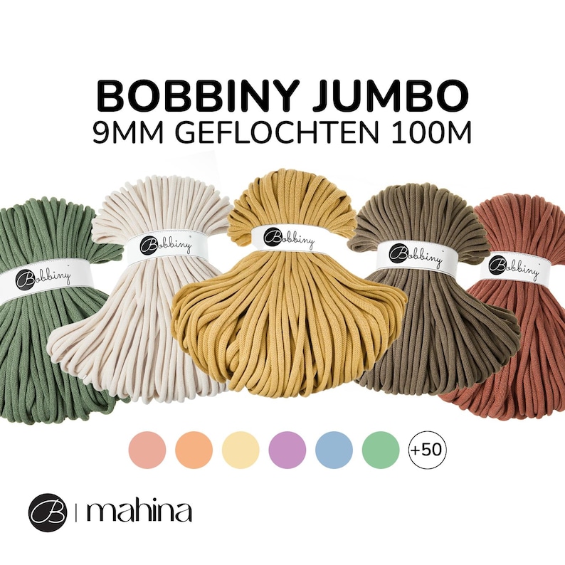 May include: Five spools of 9mm braided cotton rope in various colors, including green, beige, yellow, brown, and red. The spools are labeled "Bobbiny Jumbo 9mm Geflochten 100m".