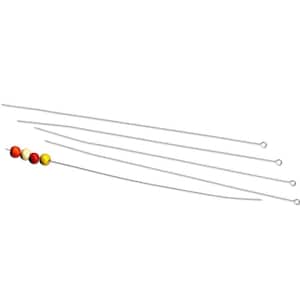 Pode incluir: Um conjunto de seis agulhas prateadas para enfiar contas. Uma agulha tem quatro contas coloridas: vermelho, laranja, branco e amarelo. As outras cinco agulhas são lisas com uma argola na extremidade. Para fazer joias e artesanato.