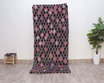checkered boucherouite moroccan rug living room-blue and pink berber rug runner-vintage morrocan runner rug-boucherouite cotton runner rug
