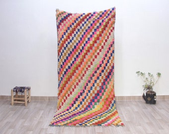 3x8 ft-boucheouite rugs for living room-colorful long runner rug-checkered boucherouite moroccan rug-kitchen rugs washable-gift for the home