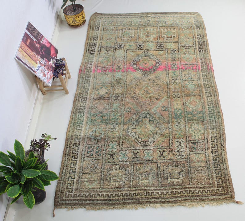 Vintage Moroccan Rugpeach Boujaad Rugfaded Green and Beige Wool Rug