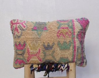 colorful pillow berber_antique moroccan pillow_handmade cushion rug_wool pillow_beige and pinnk cushion_fluffy cushion berber_pillows 18X12