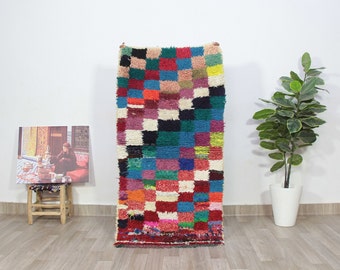 Farmhouse Christmas Decor Boucherouite Rug-Vintage Moroccan Rug Runner-Blue Pastel Rugs For Bedroom Aesthetic-checkered Berber Boucherouite