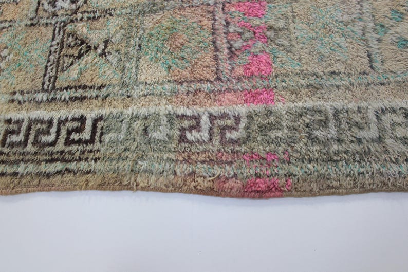 Vintage Moroccan Rugpeach Boujaad Rugfaded Green and Beige Wool Rug