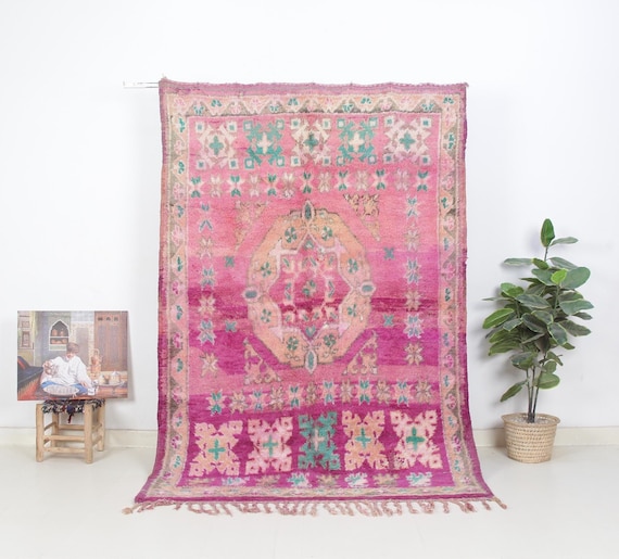 Boujaad Moroccan Rug 5x8 ft-Vintage Wool Pink and Purple Tribal Carpet-Handwoven Bohemian Area Rug-Unique Gift Home Decor-Minimalist Rug