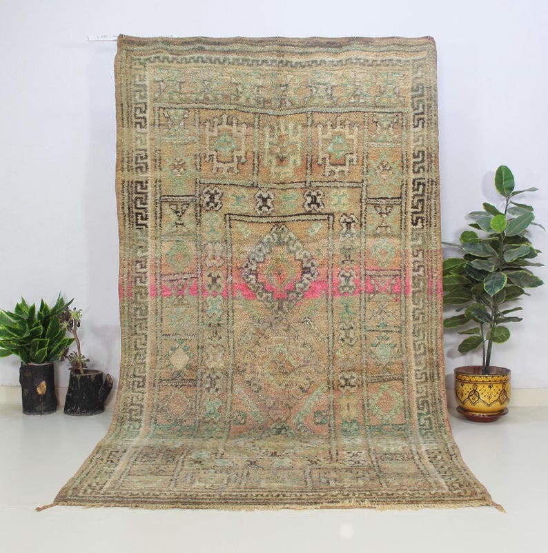 Vintage Moroccan Rugpeach Boujaad Rugfaded Green and Beige Wool Rug